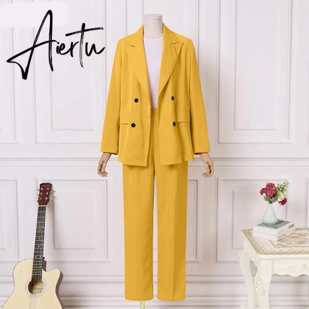 Aiertu Fashion Women's Business Suits Autumn OL Long Sleeve Blazer and High Waist Pants  Casual Solid Oversized Sreetwear