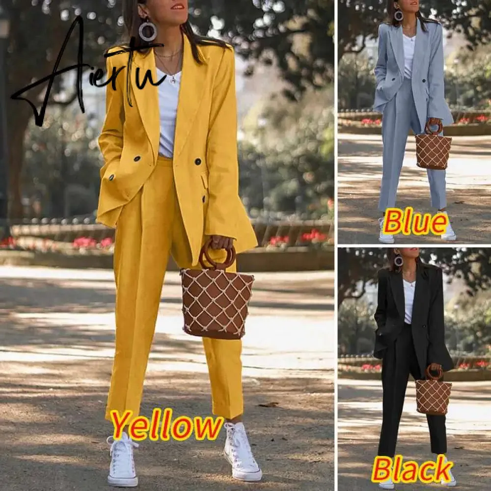 Aiertu Fashion Women's Business Suits Autumn OL Long Sleeve Blazer and High Waist Pants  Casual Solid Oversized Sreetwear