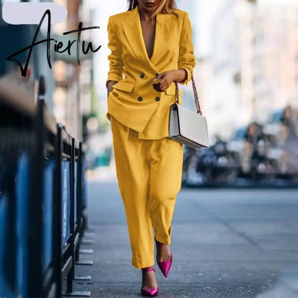 Aiertu Fashion Women's Business Suits Autumn OL Long Sleeve Blazer and High Waist Pants  Casual Solid Oversized Sreetwear
