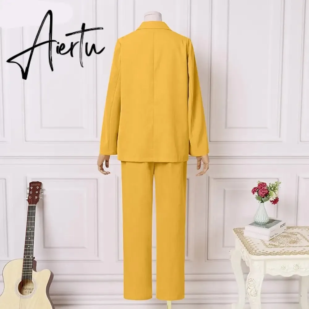Aiertu Fashion Women's Business Suits Autumn OL Long Sleeve Blazer and High Waist Pants  Casual Solid Oversized Sreetwear
