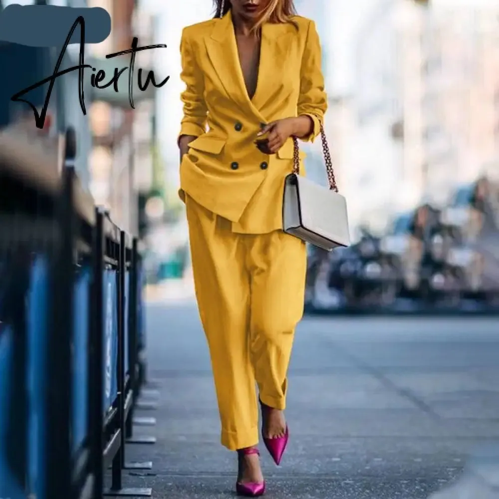 Aiertu Fashion Women's Business Suits Autumn OL Long Sleeve Blazer and High Waist Pants  Casual Solid Oversized Sreetwear