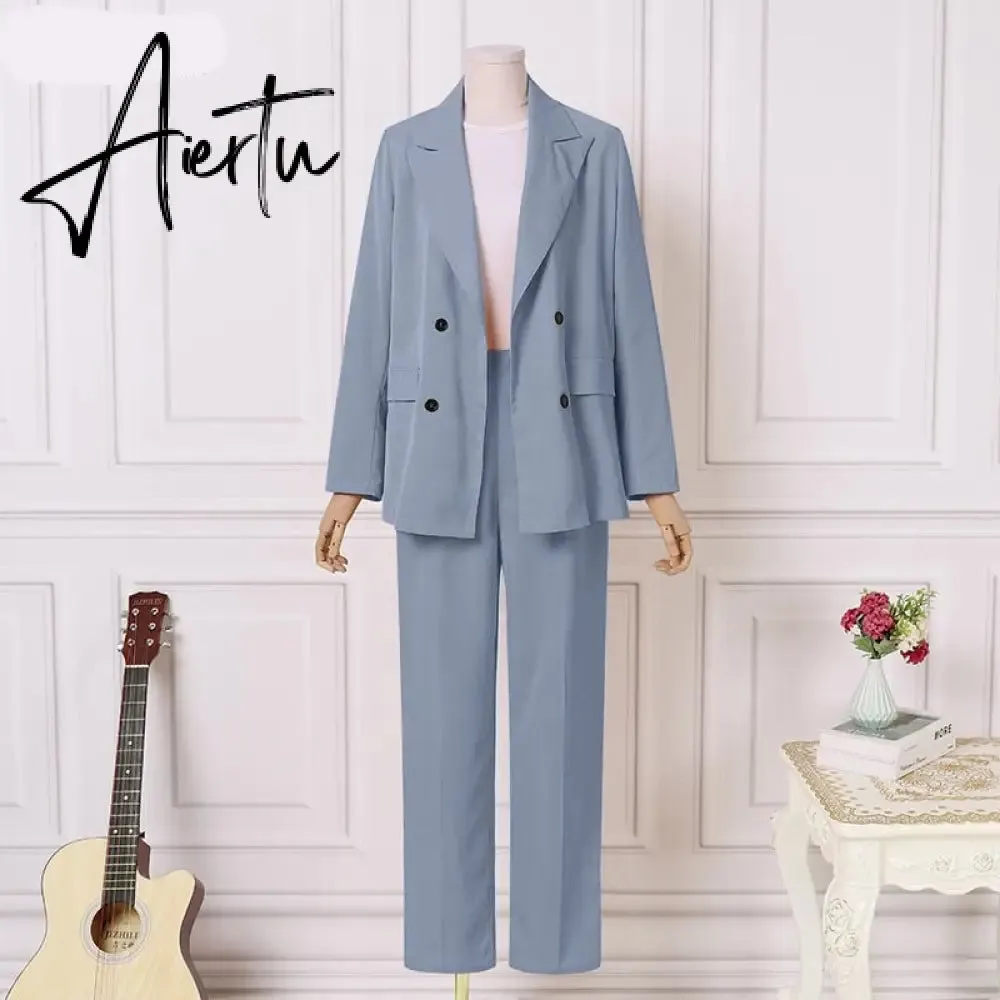 Aiertu Fashion Women's Business Suits Autumn OL Long Sleeve Blazer and High Waist Pants  Casual Solid Oversized Sreetwear