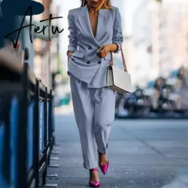 Aiertu Fashion Women's Business Suits Autumn OL Long Sleeve Blazer and High Waist Pants  Casual Solid Oversized Sreetwear