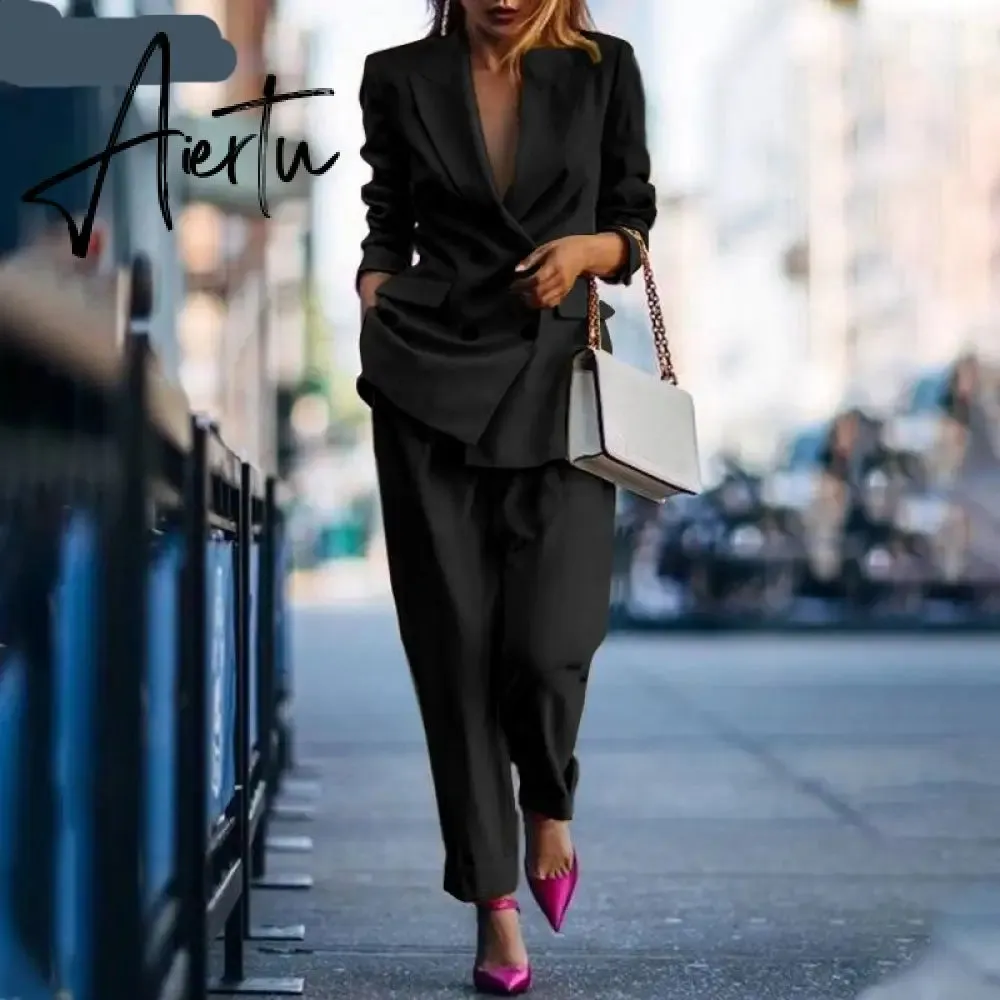 Aiertu Fashion Women's Business Suits Autumn OL Long Sleeve Blazer and High Waist Pants  Casual Solid Oversized Sreetwear