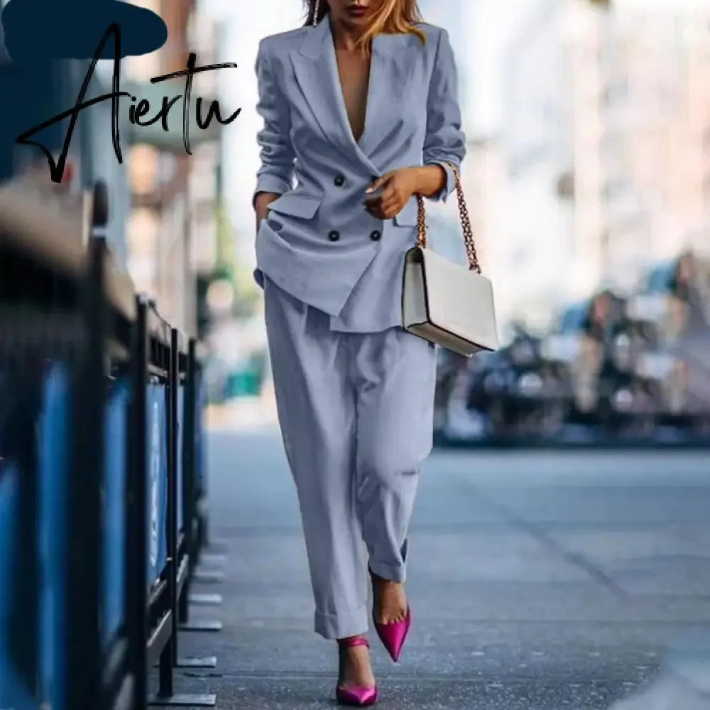 Aiertu Fashion Women's Business Suits Autumn OL Long Sleeve Blazer and High Waist Pants  Casual Solid Oversized Sreetwear