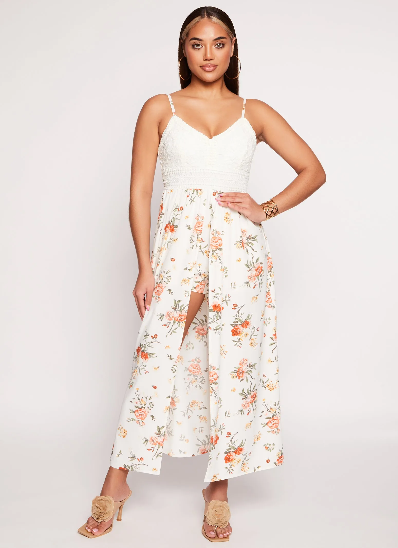 Almost Famous Floral Print V Neck Maxi Romper