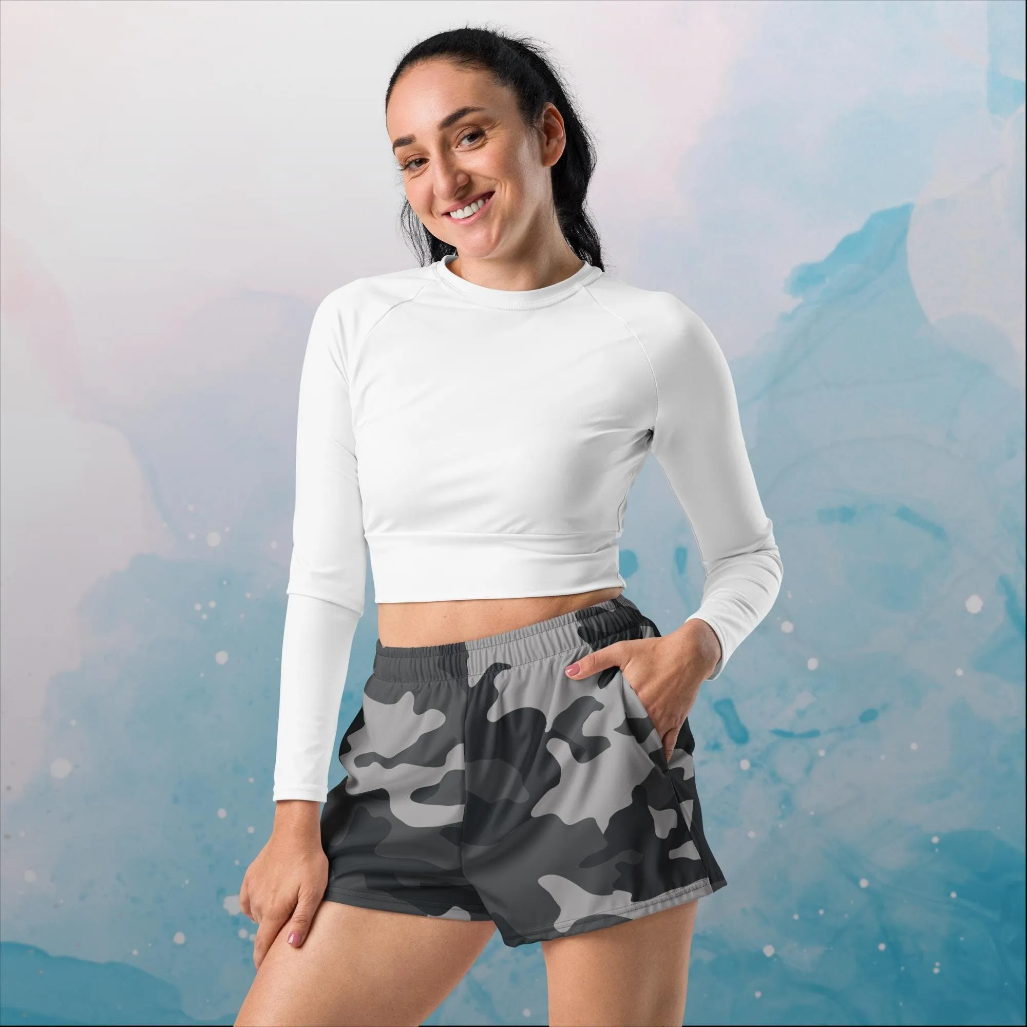 Black and Grey Camo Print Womens Recycled Athletic Shorts