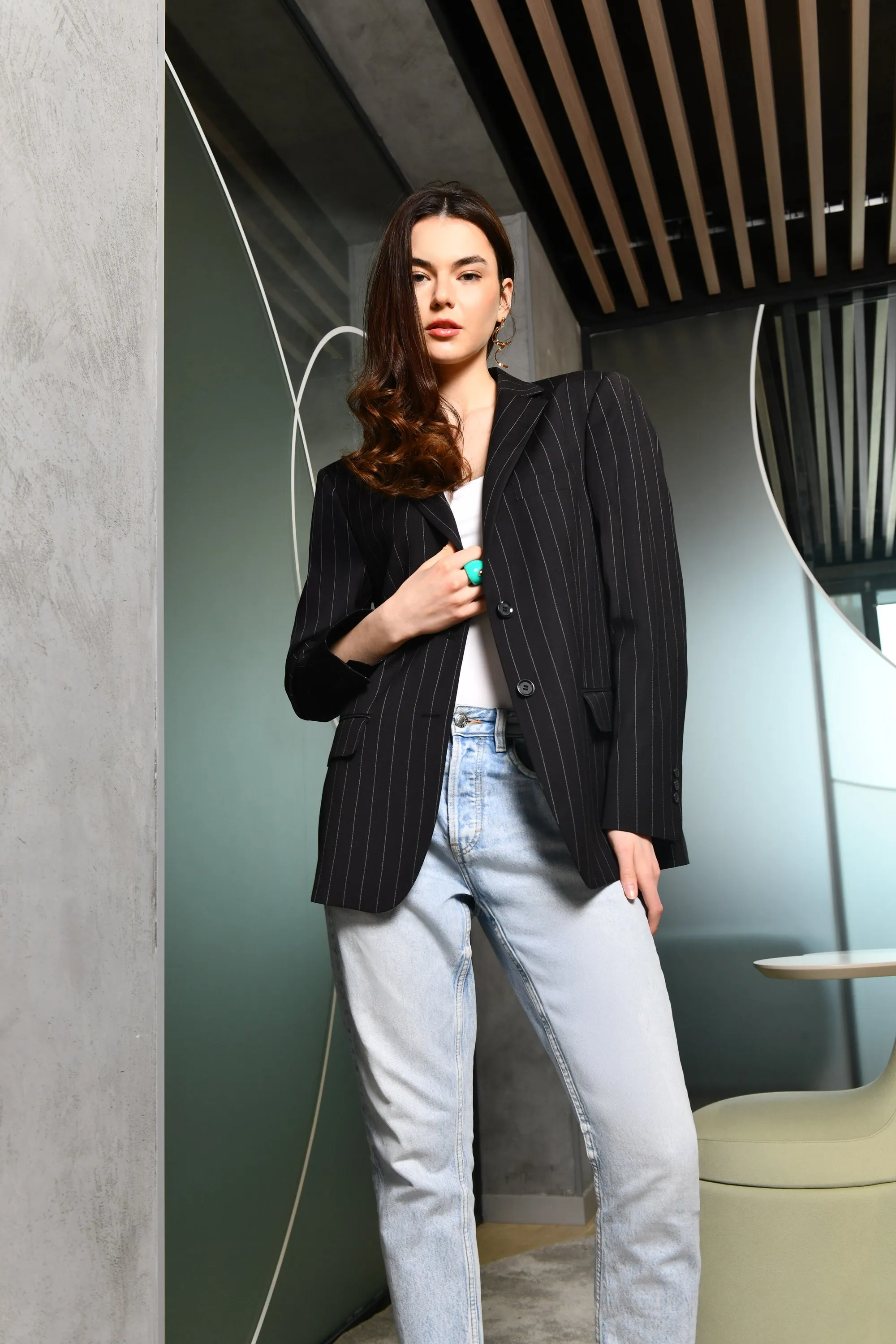 Black Pinstripe Single-Breasted Blazer Online UAE