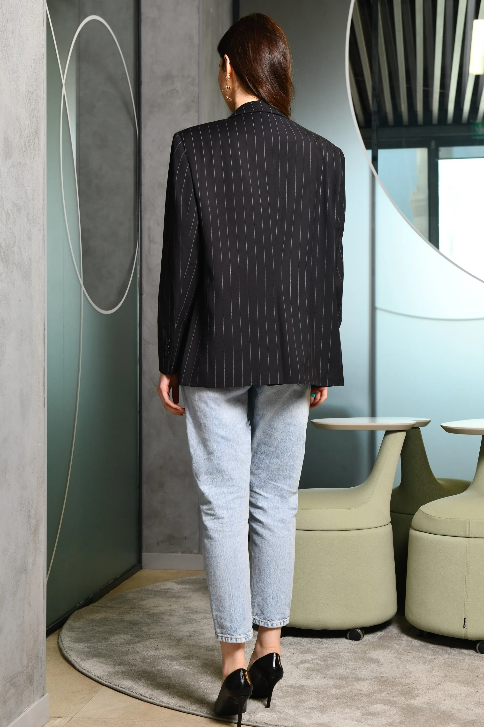 Black Pinstripe Single-Breasted Blazer Online UAE