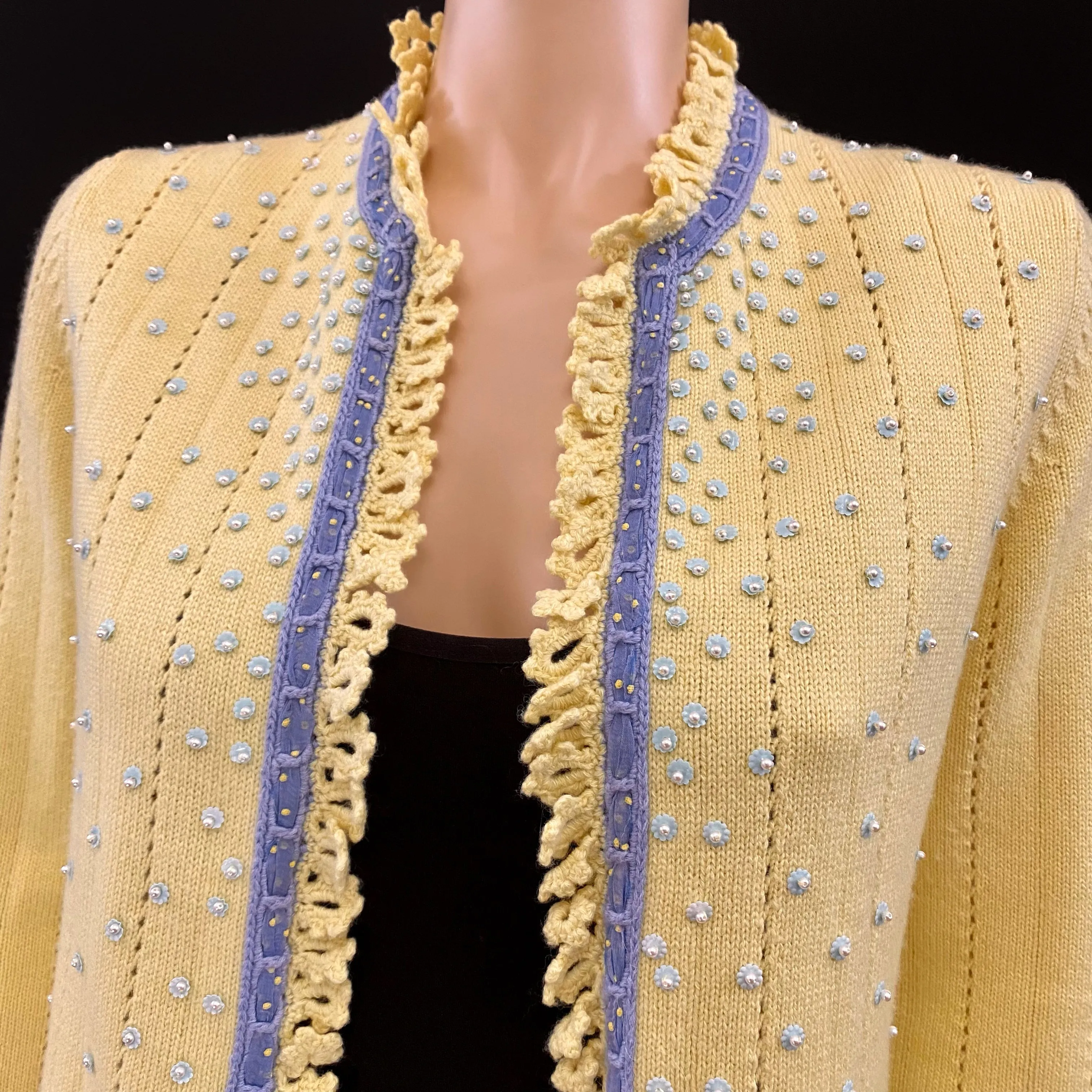 CHANEL 05C Yellow Blue Pearl Cashmere Cable Knit Jacket Size 40 | 6