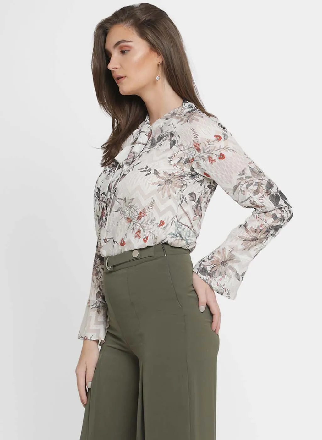 Cheryl Printed Pussy Bow Top