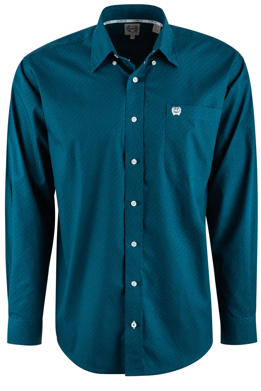 Cinch Solid Foulard Long Sleeve Button-Front Shirt - Teal