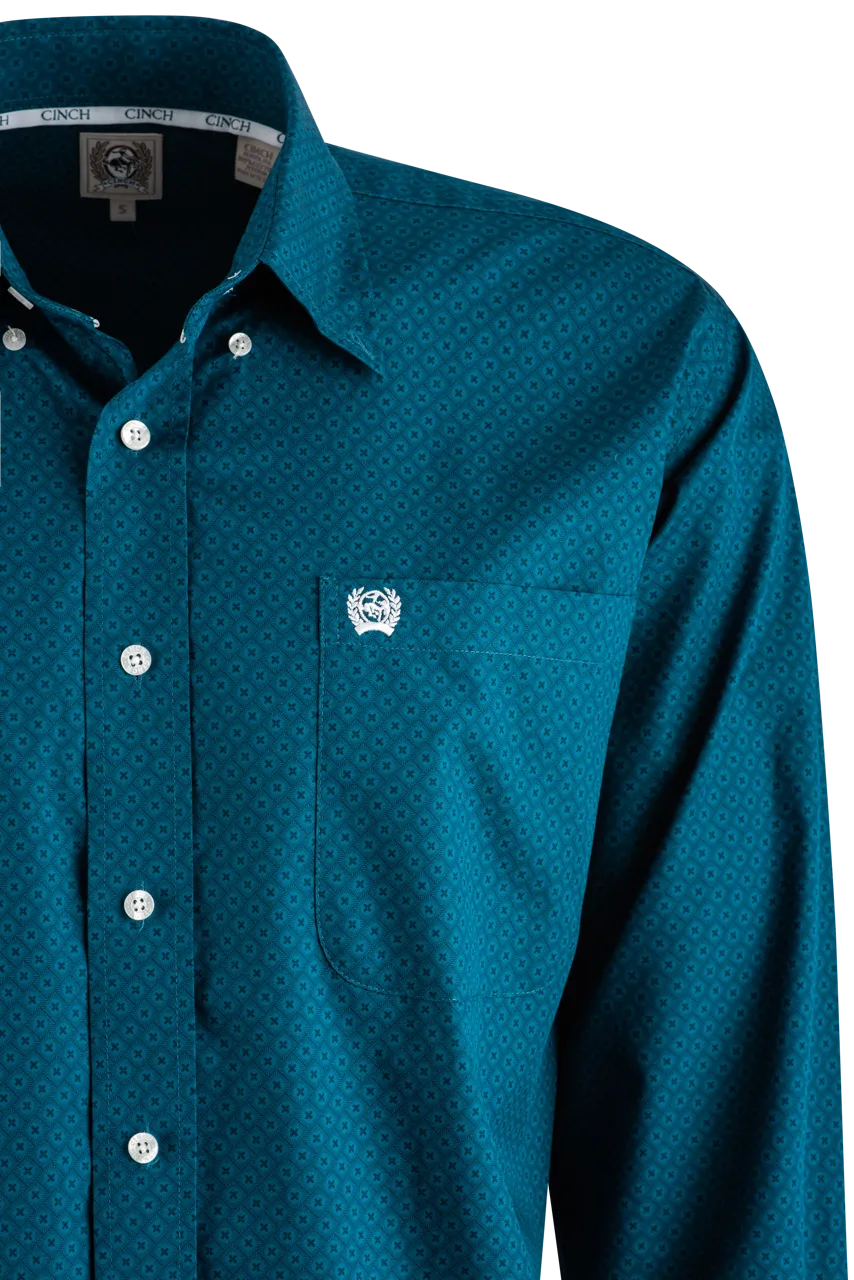 Cinch Solid Foulard Long Sleeve Button-Front Shirt - Teal