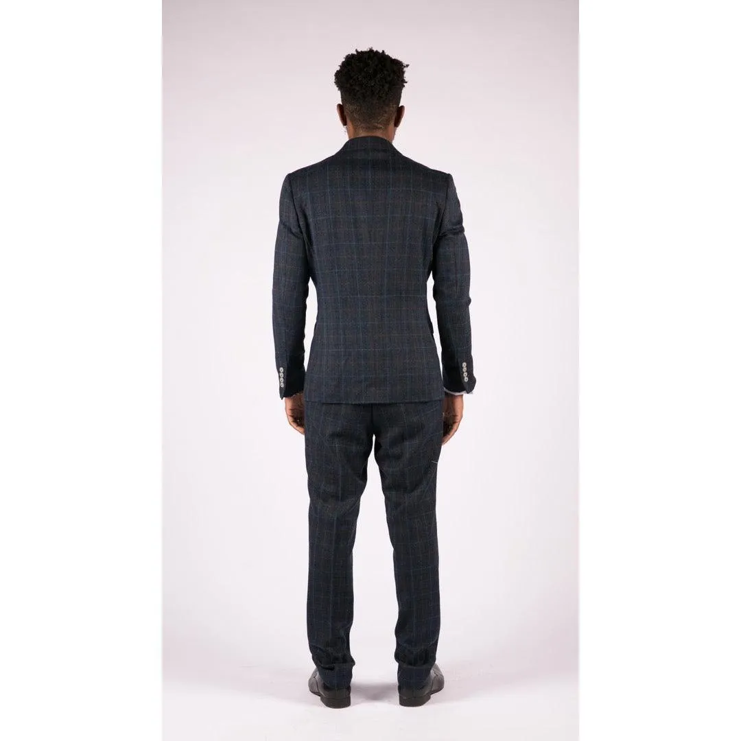 cody - Men's Boys 3 Piece Suit Tan Navy Check Wedding Prom Formal
