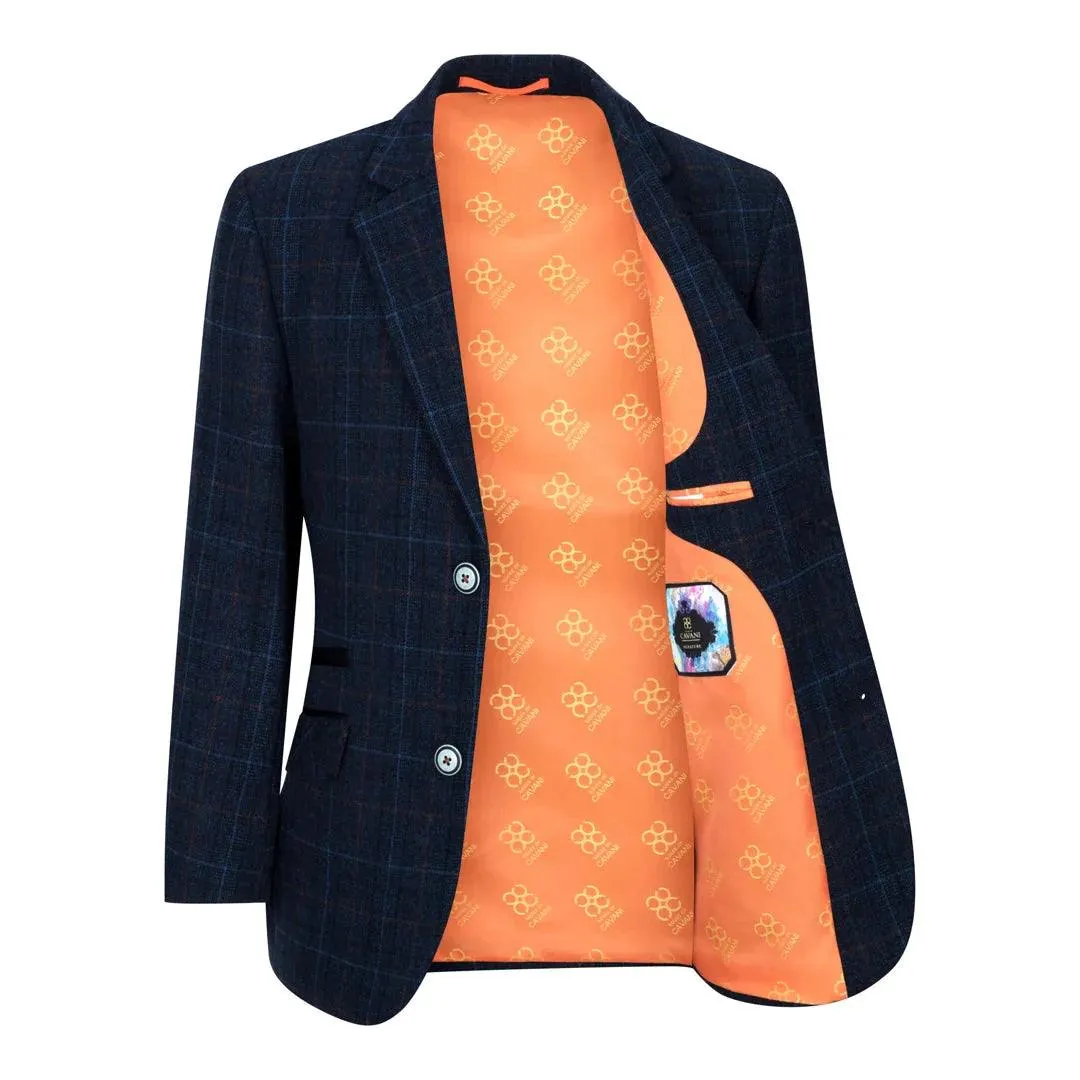 cody - Men's Boys 3 Piece Suit Tan Navy Check Wedding Prom Formal