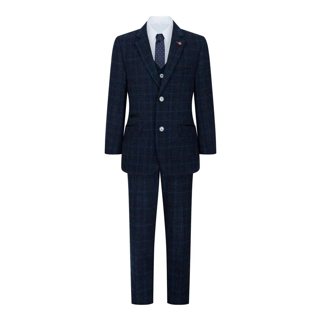 cody - Men's Boys 3 Piece Suit Tan Navy Check Wedding Prom Formal