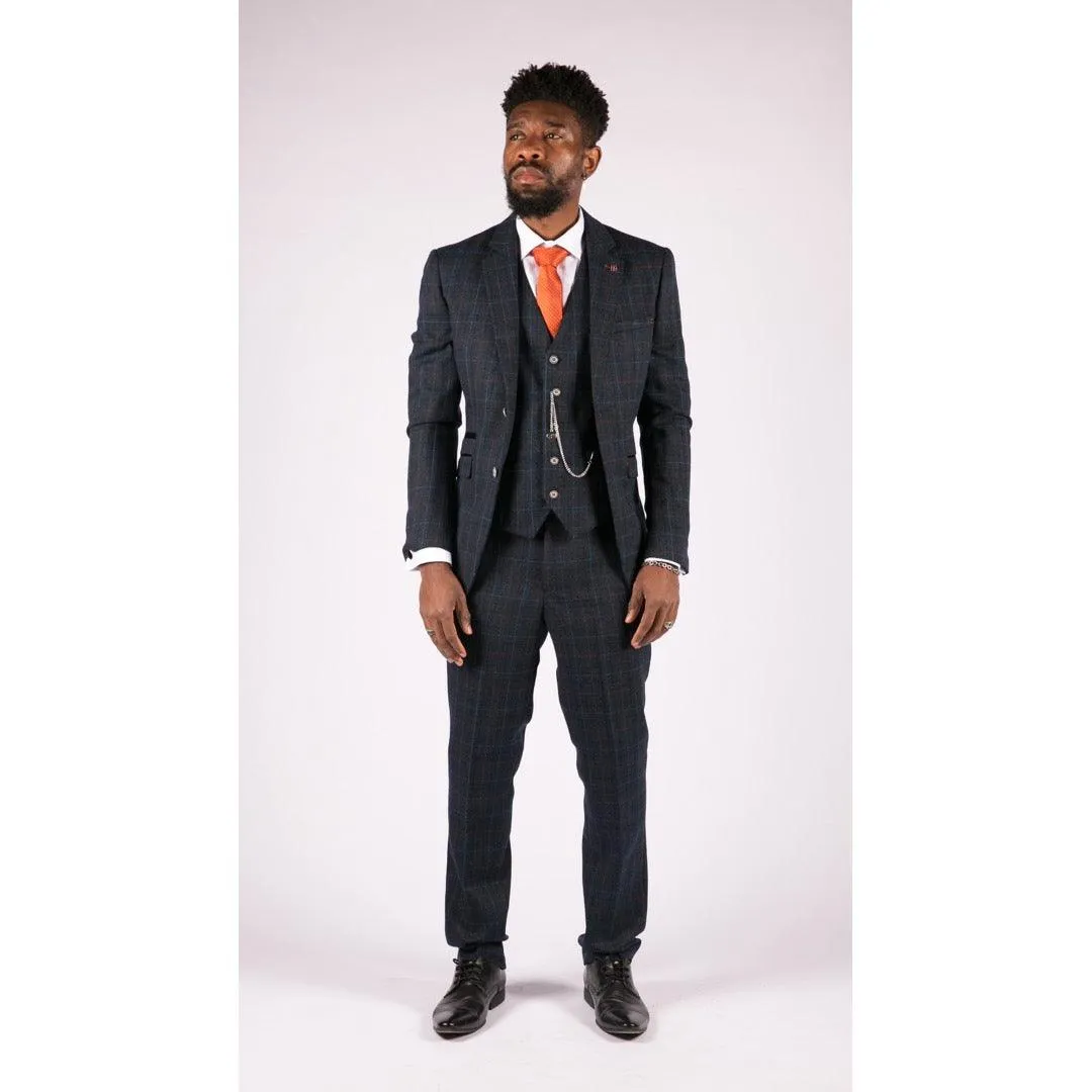 cody - Men's Boys 3 Piece Suit Tan Navy Check Wedding Prom Formal