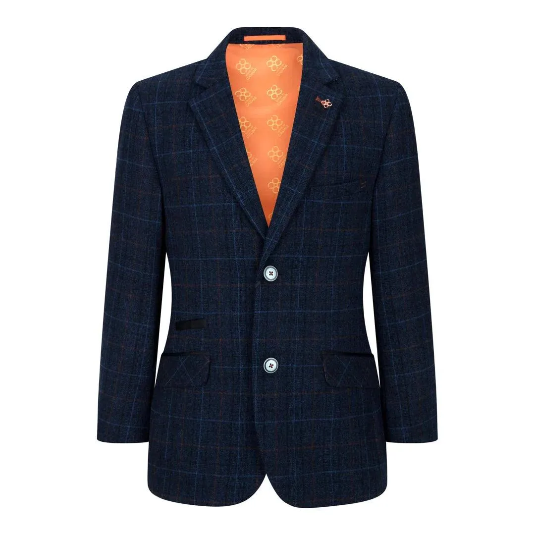cody - Men's Boys 3 Piece Suit Tan Navy Check Wedding Prom Formal