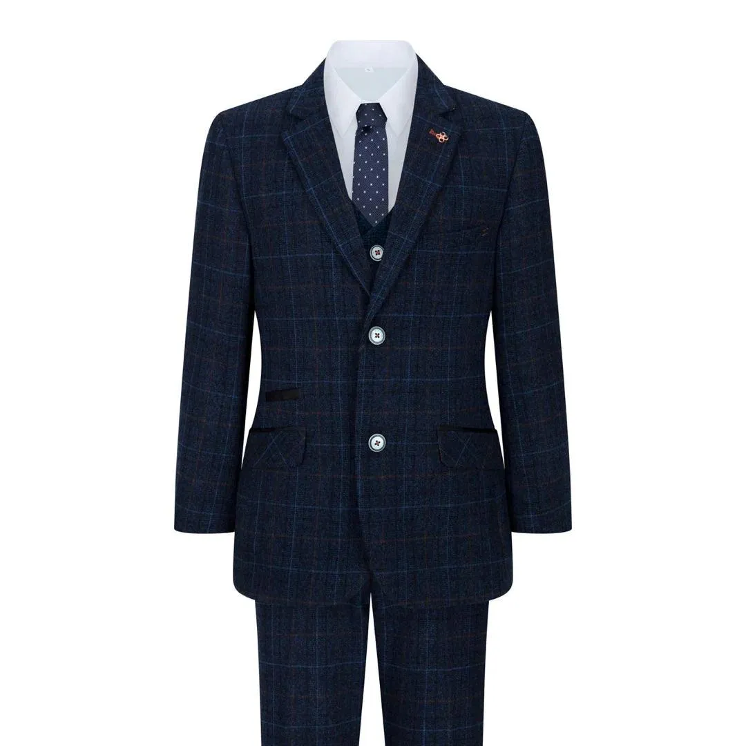 cody - Men's Boys 3 Piece Suit Tan Navy Check Wedding Prom Formal