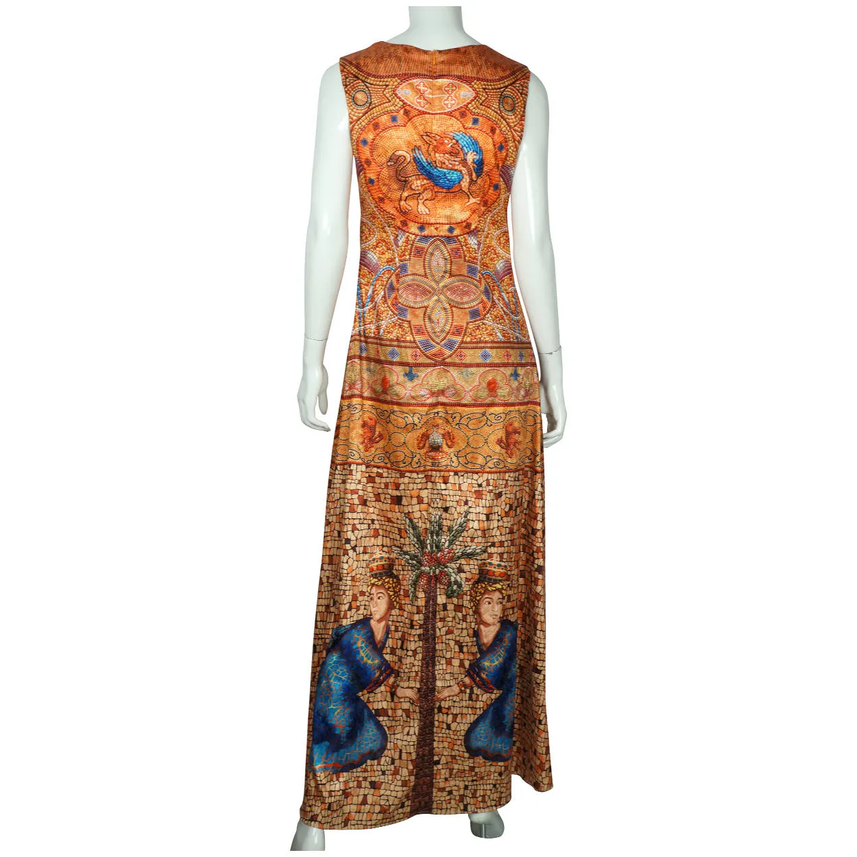 Donna Karan Silk Dress Byzantine Tile Pattern Print Sleeveless Full Length Sz M
