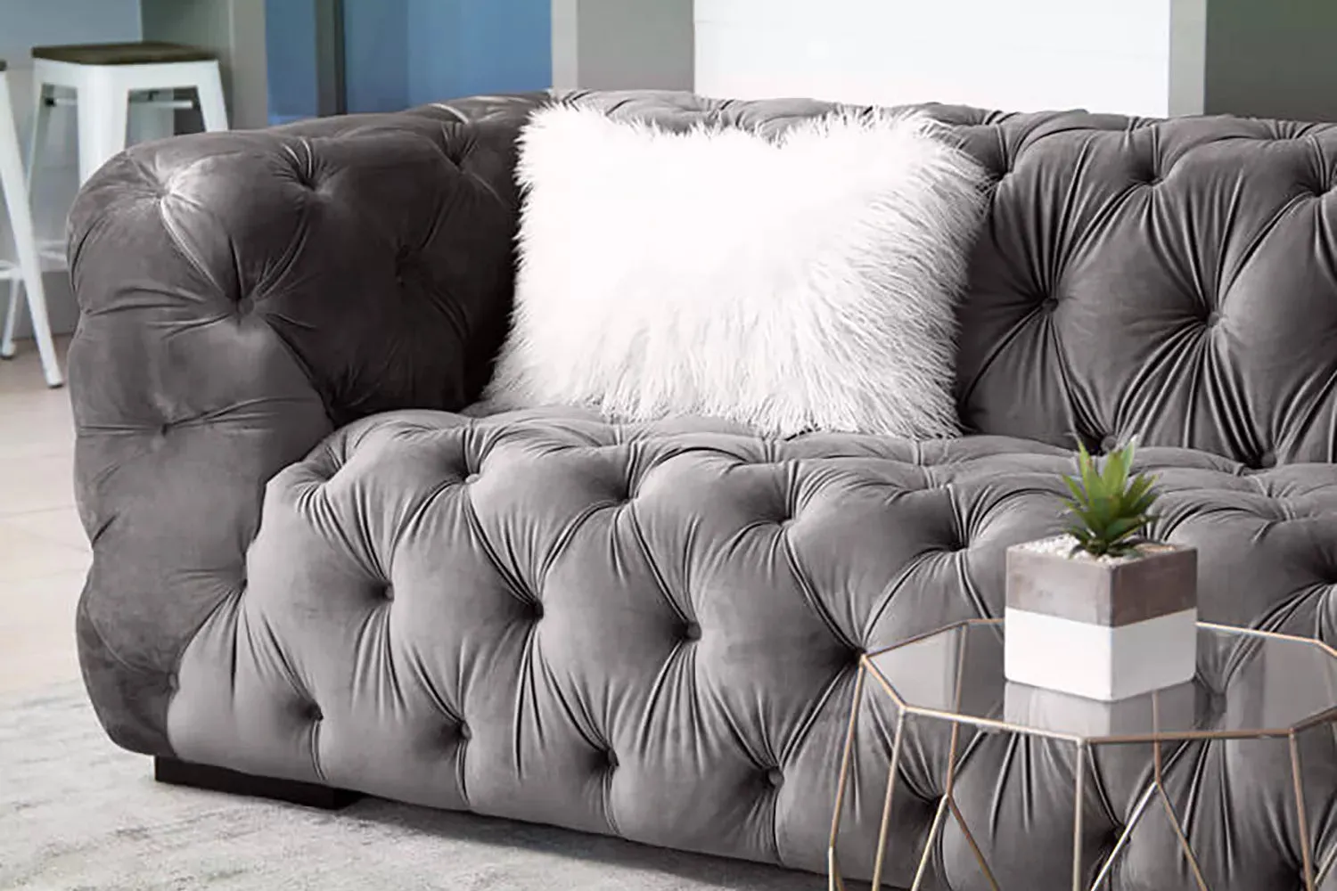 Fio Furniture Turquois Blue Velvet Tufted Button 3 Seater Couch