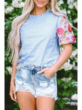 Gingham Embroidered Puff Sleeve Top