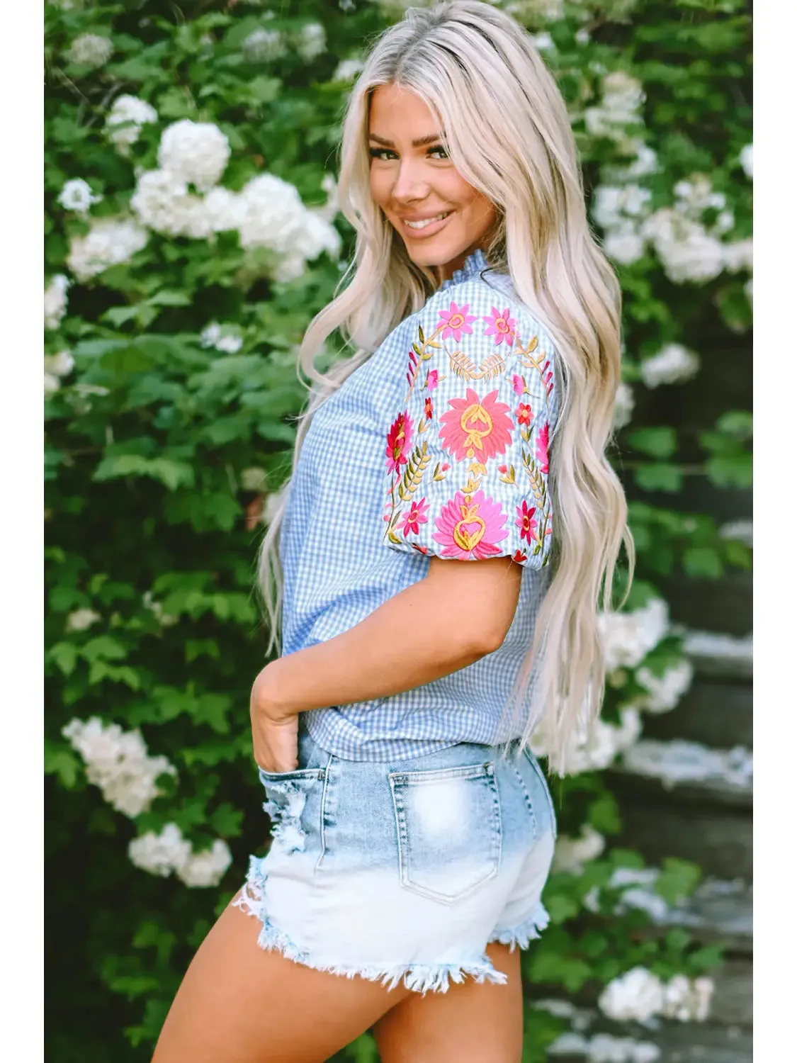 Gingham Embroidered Puff Sleeve Top