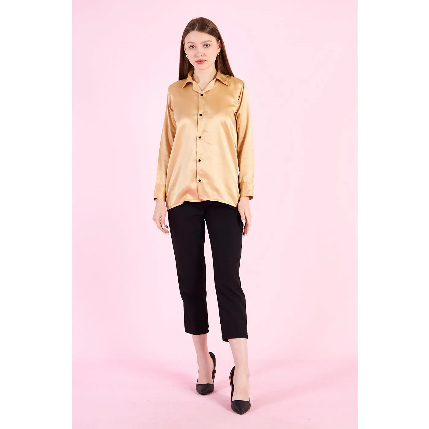 Gold Cuban Collar Satin Shirt