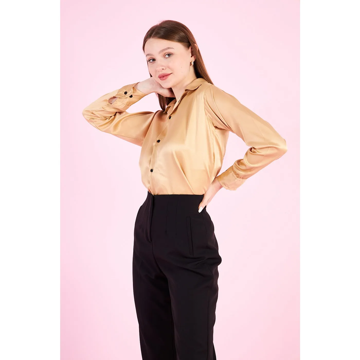 Gold Cuban Collar Satin Shirt