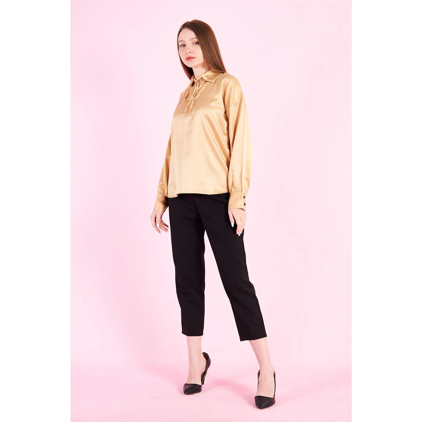 Gold Knotted Collar Satin Top