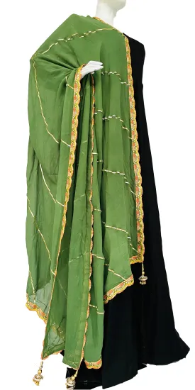 Green Mehndi Color Chinon Dupatta with Laces Handmade Dupatta