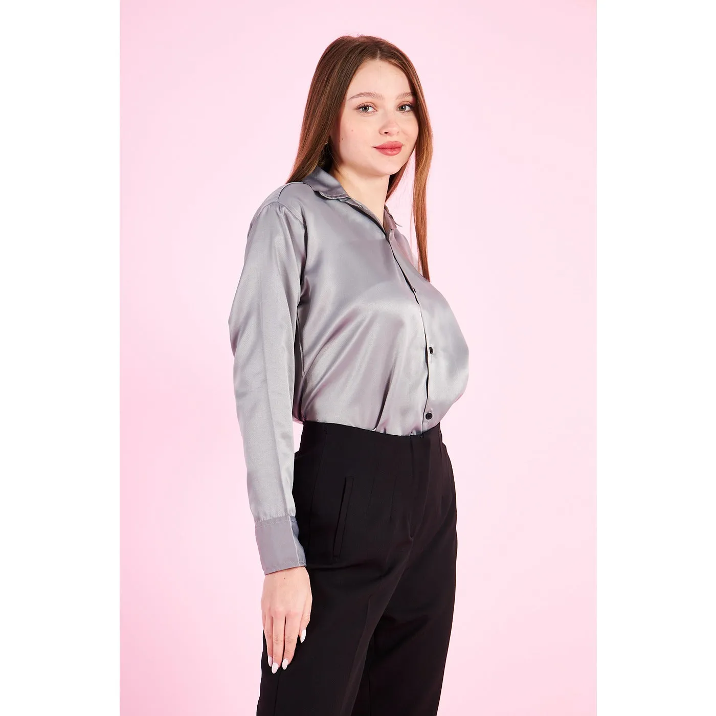 Grey Cuban Collar Satin Shirt