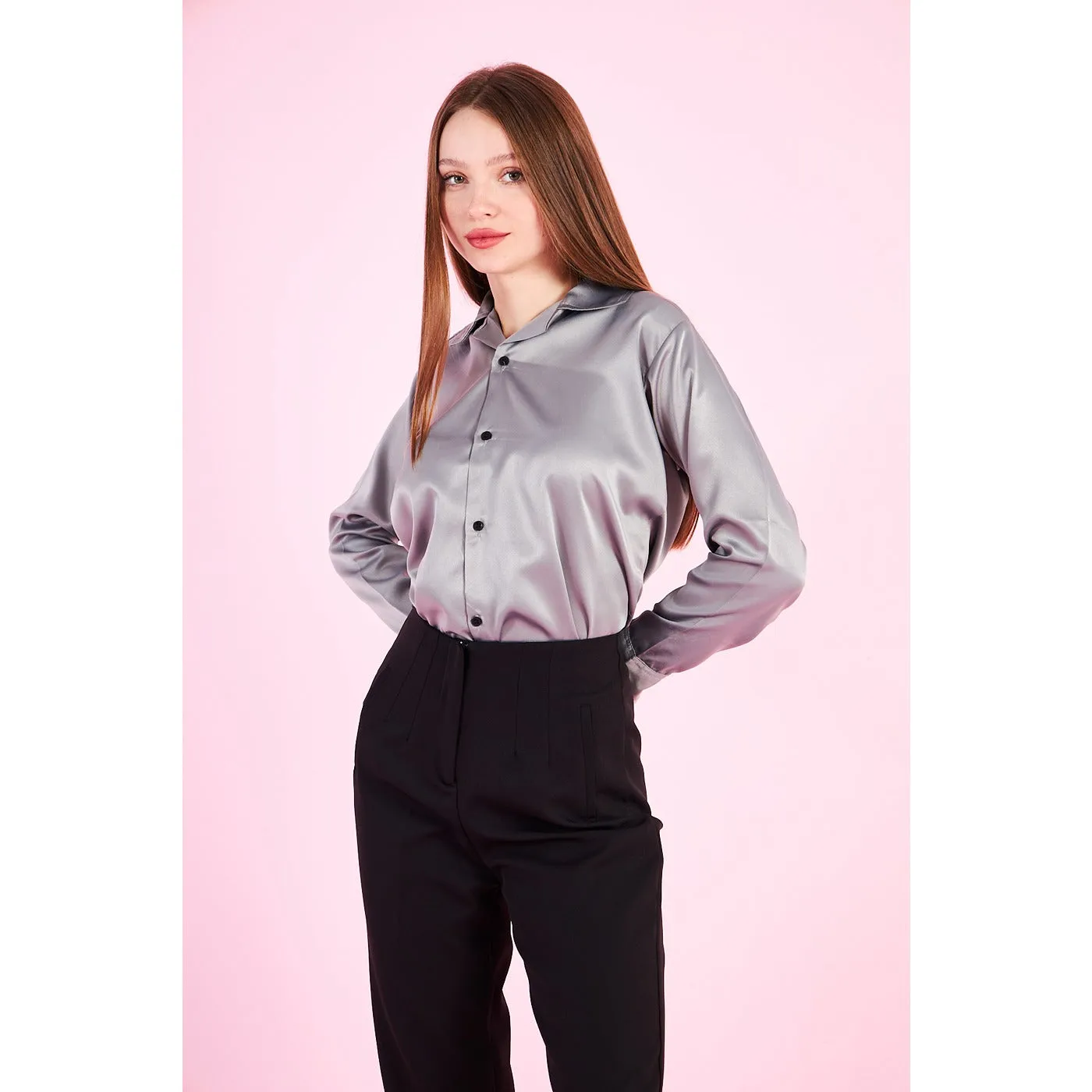 Grey Cuban Collar Satin Shirt