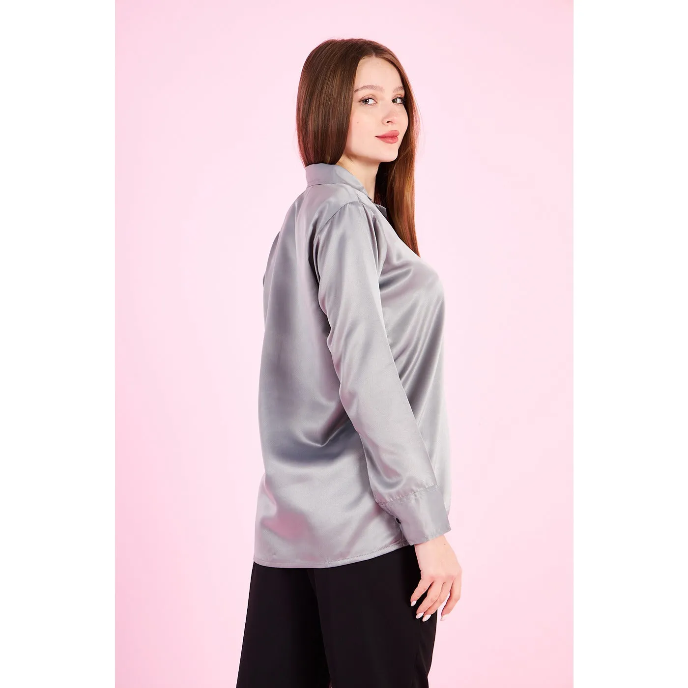 Grey Cuban Collar Satin Shirt