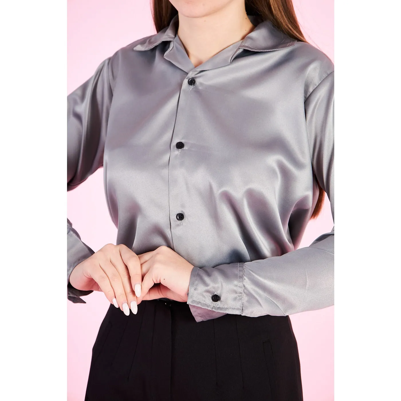 Grey Cuban Collar Satin Shirt