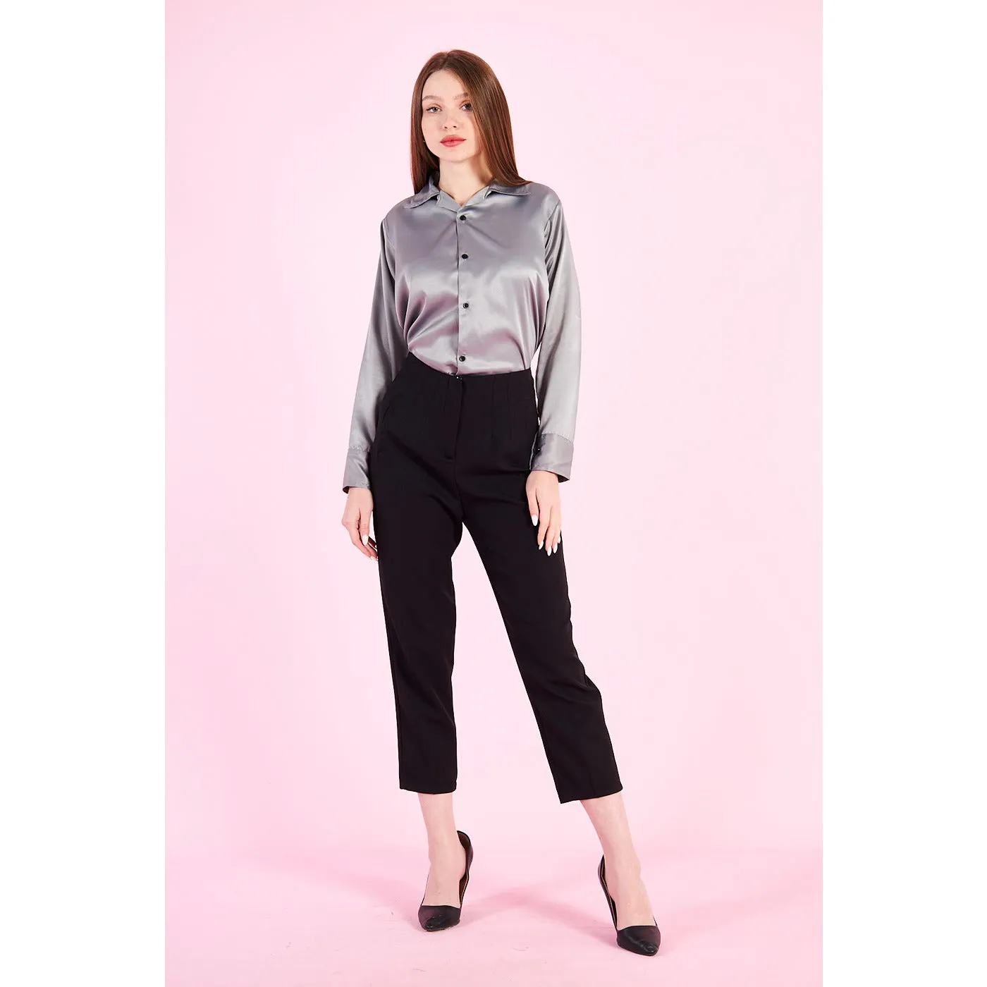 Grey Cuban Collar Satin Shirt