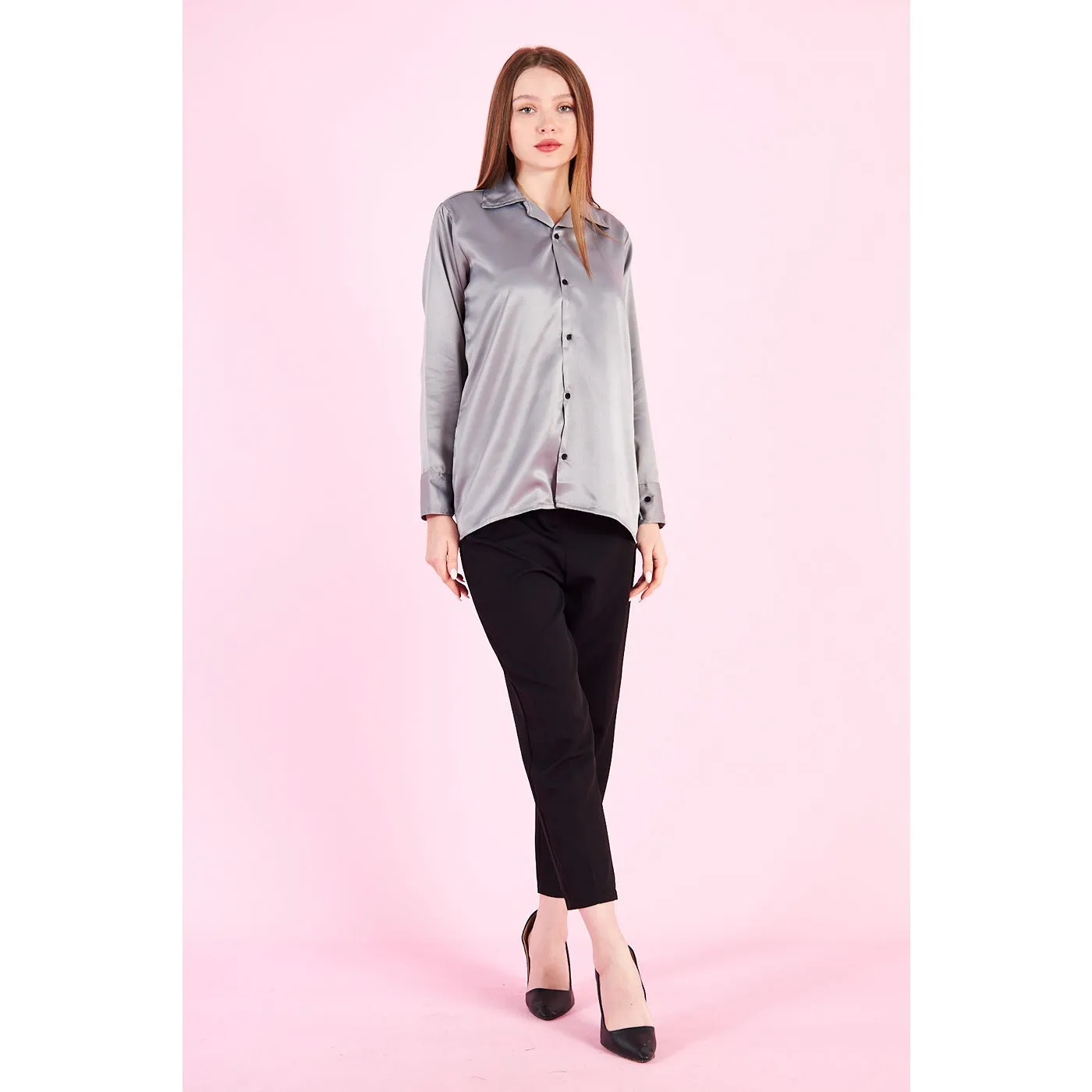 Grey Cuban Collar Satin Shirt