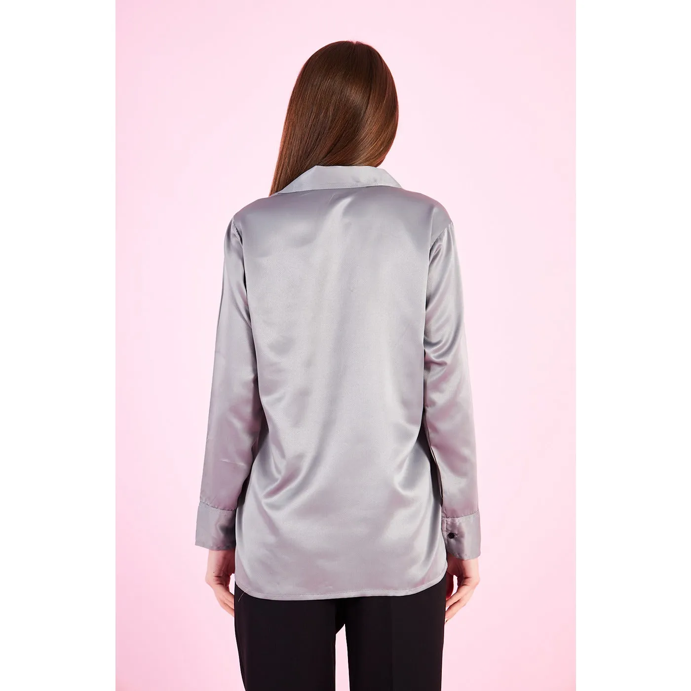 Grey Cuban Collar Satin Shirt
