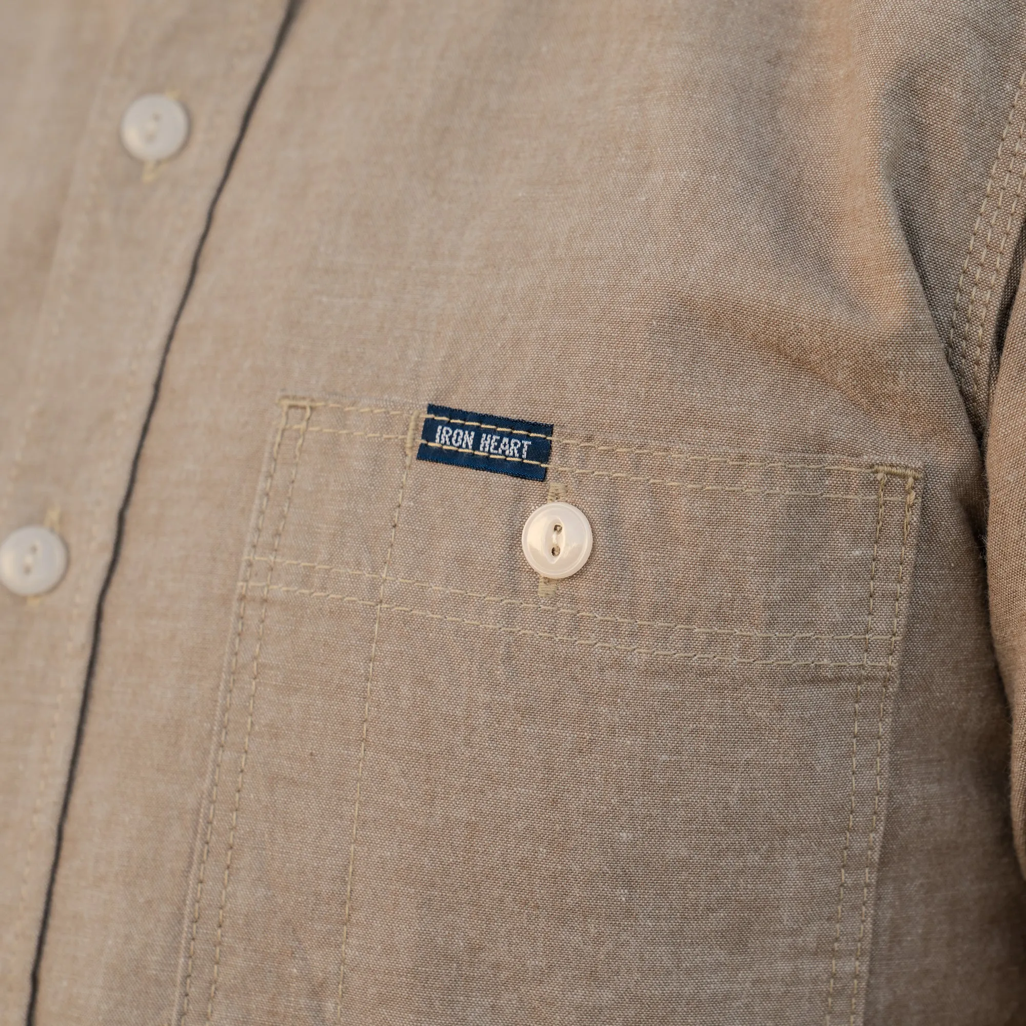 Iron Heart IHSH-344-KHA 10oz Selvedge Chambray Work Shirt Khaki