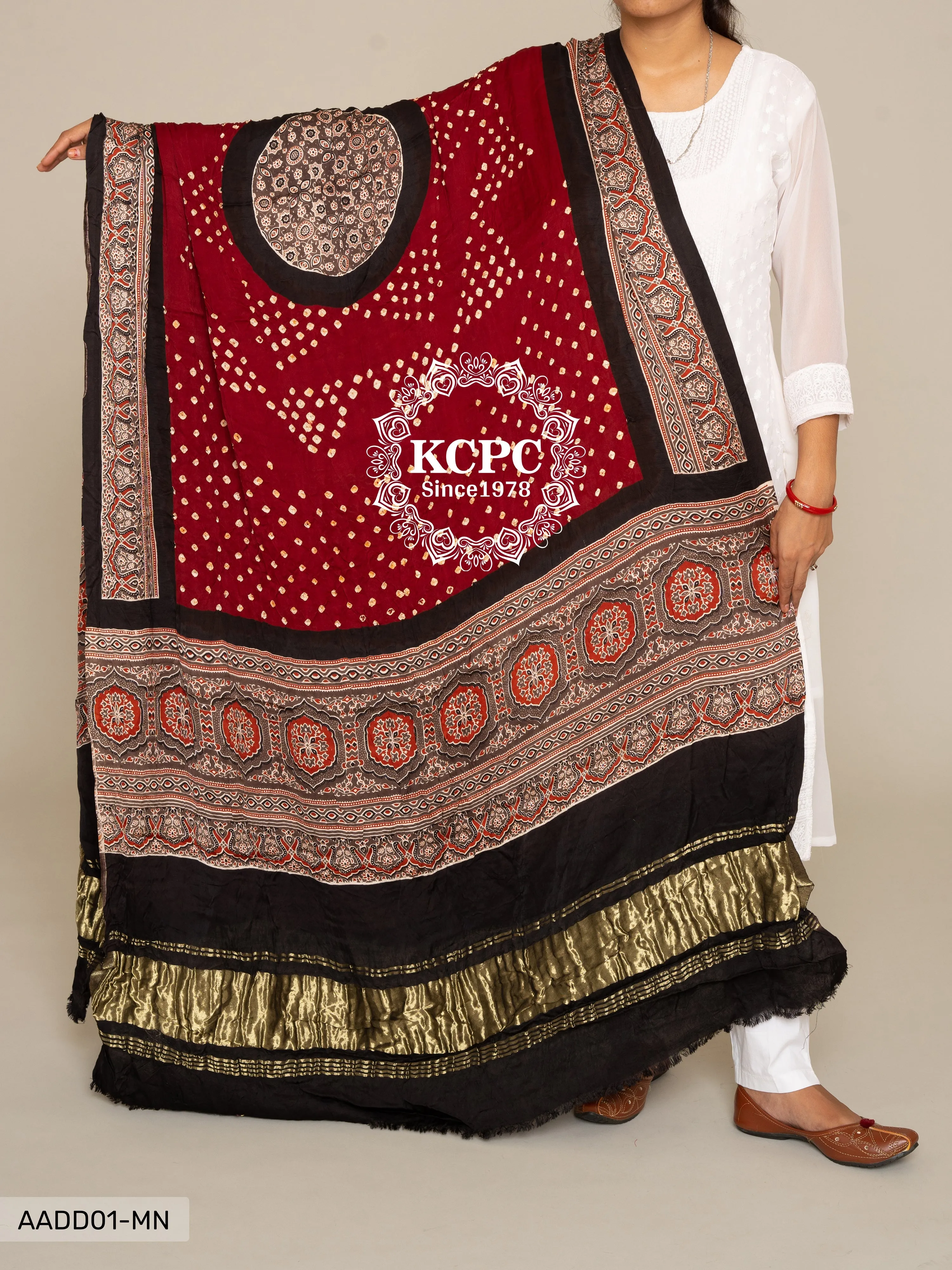 KCPC Pure Gaji Silk Ajrakh Bandhani Dupatta, DR, KC Mehroon
