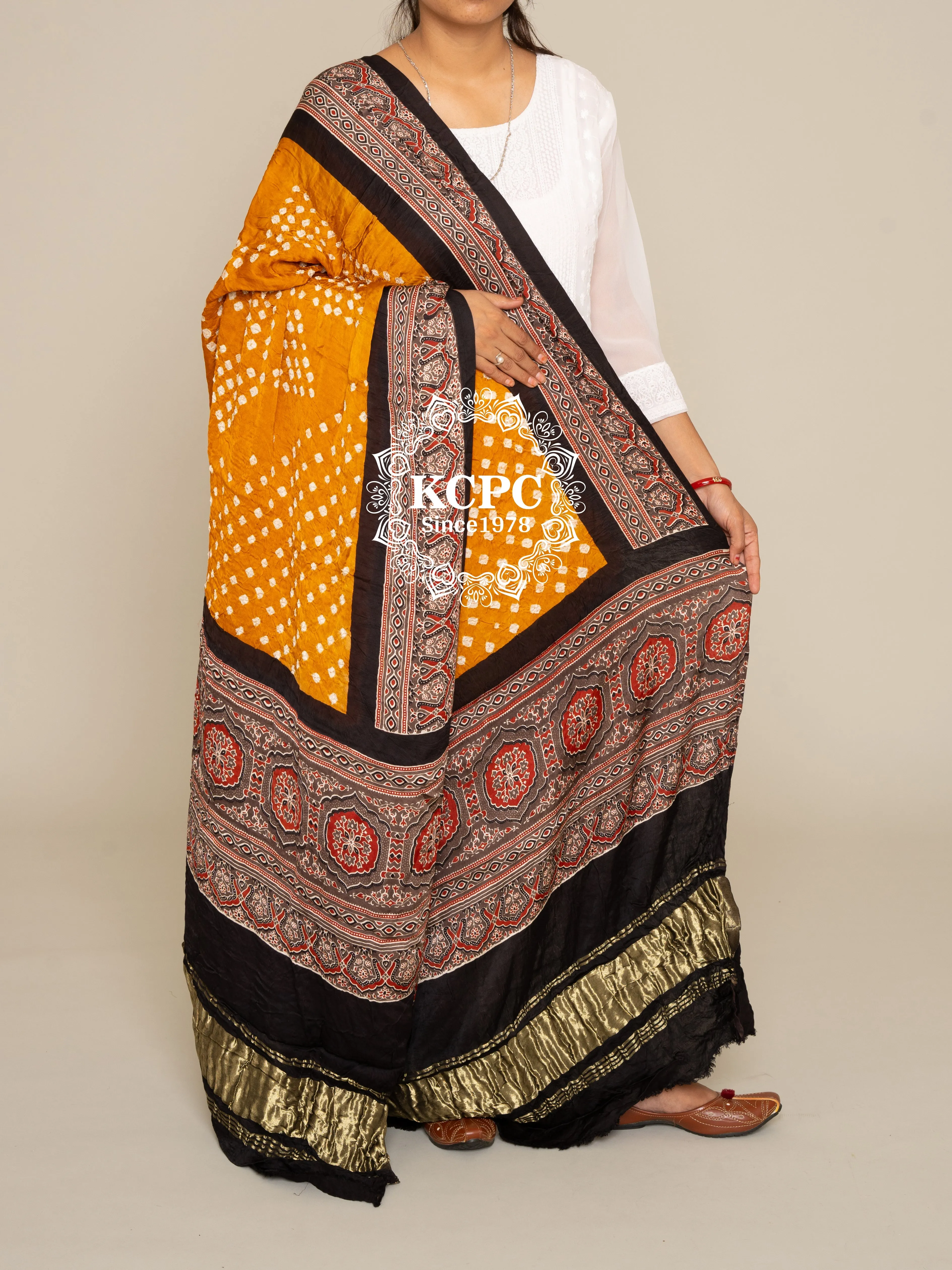 KCPC Pure Gaji Silk Ajrakh Bandhani Dupatta, DR, KC Yellow