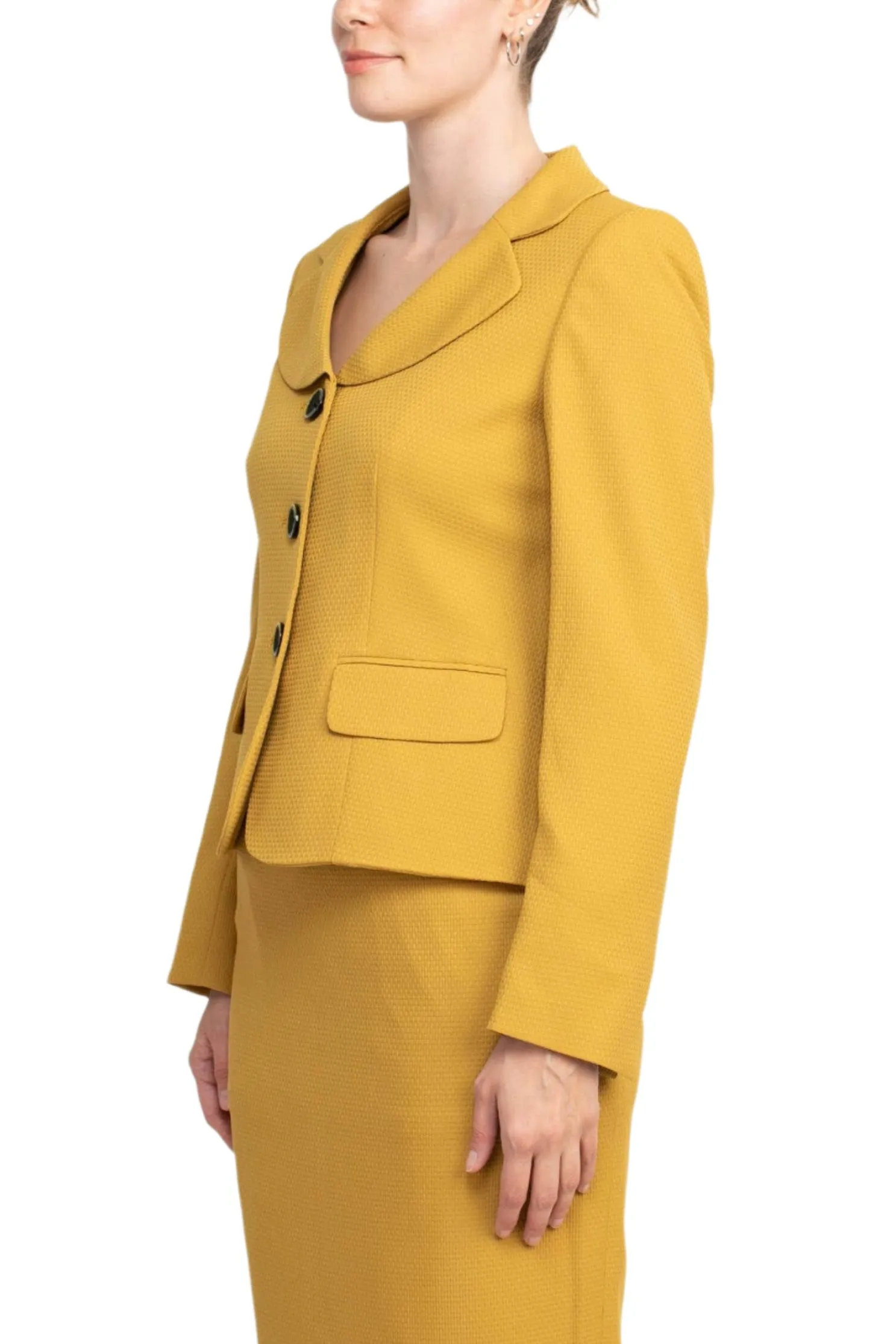 Le Suit Notched Collar 3 Button Flap Pocket Square Texture Jacket with Zipper Back Skimmer Skirt  (Two Piece)