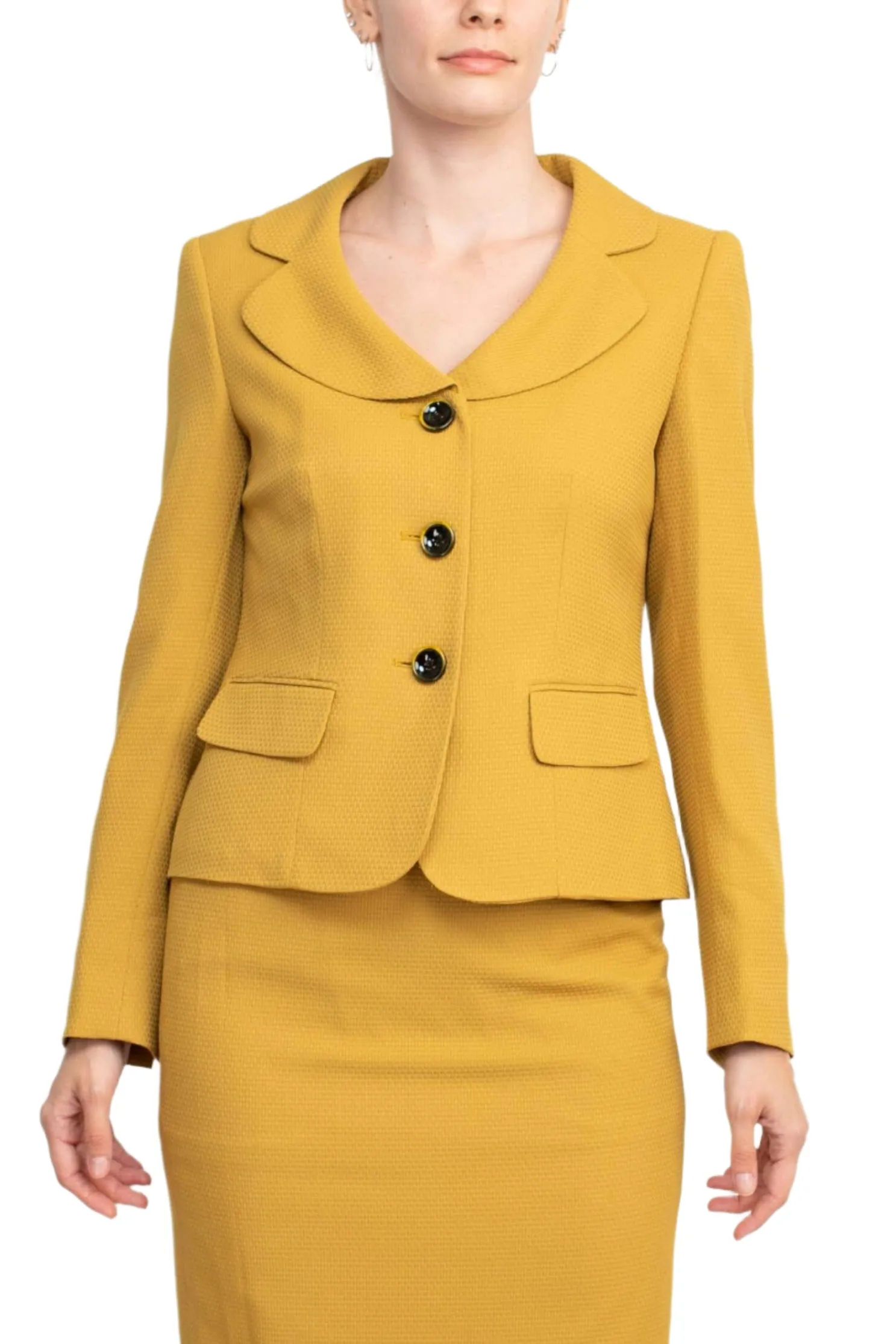 Le Suit Notched Collar 3 Button Flap Pocket Square Texture Jacket with Zipper Back Skimmer Skirt  (Two Piece)