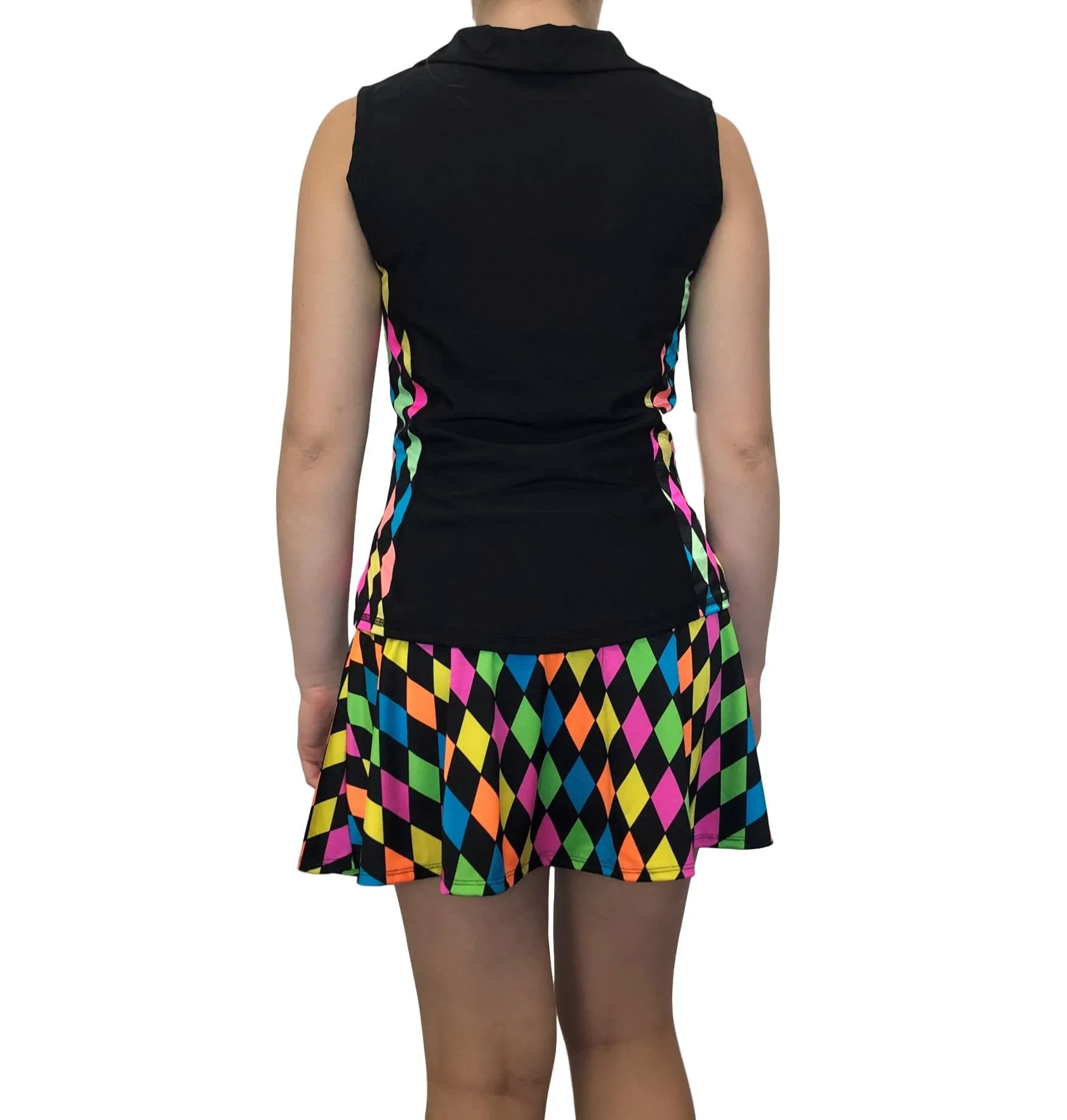 Neon Diamond Athletic Golf Outfit- Athletic Collared Shirt, Golf Apparel, Tennis Outfit Skirt w/ built in compression shorts