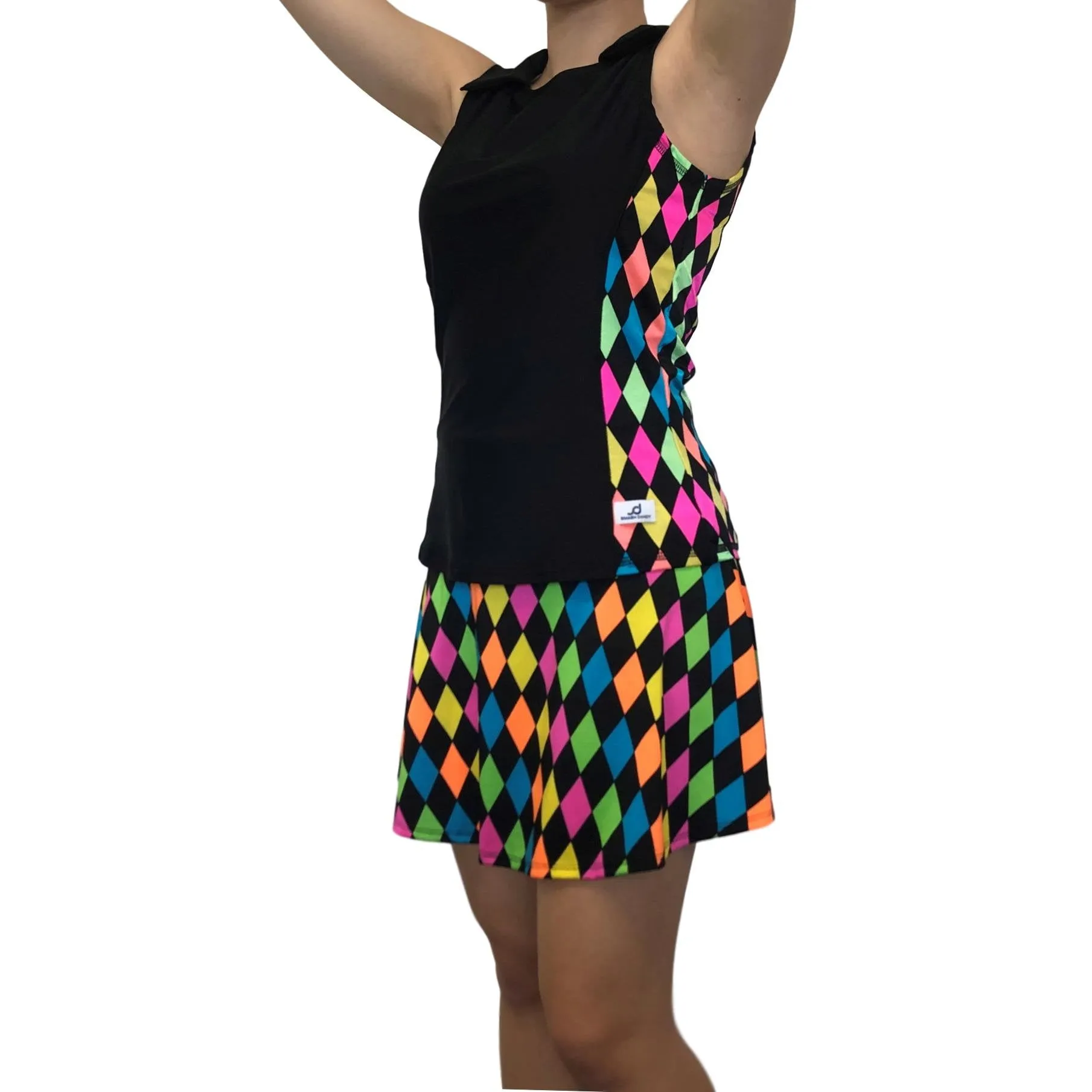 Neon Diamond Athletic Golf Outfit- Athletic Collared Shirt, Golf Apparel, Tennis Outfit Skirt w/ built in compression shorts