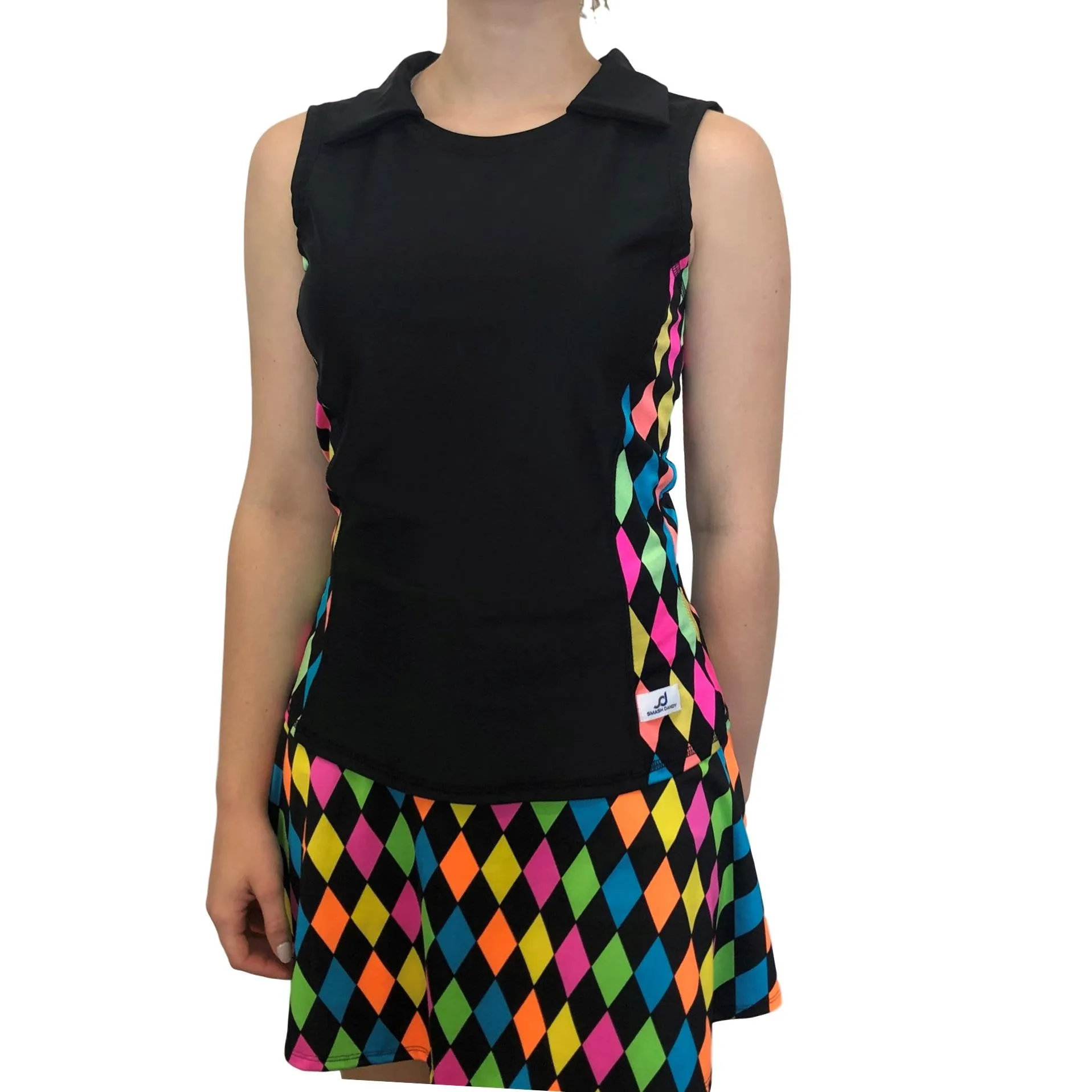 Neon Diamond Athletic Golf Outfit- Athletic Collared Shirt, Golf Apparel, Tennis Outfit Skirt w/ built in compression shorts