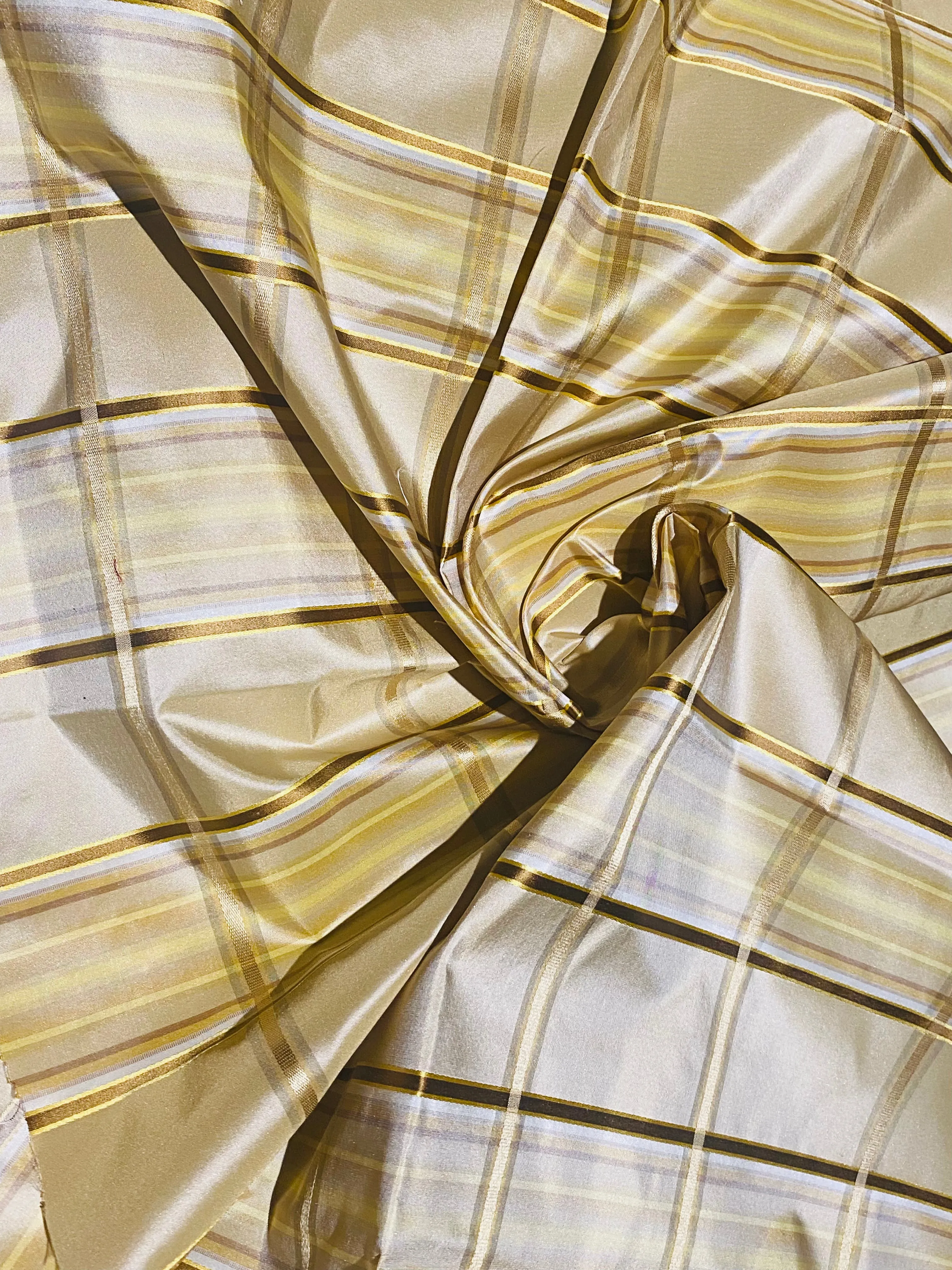 NEW Lady Deborah 100% Silk Taffeta Plaid Tartan Ribbon Fabric- Light Yellow Gold SB_6_27
