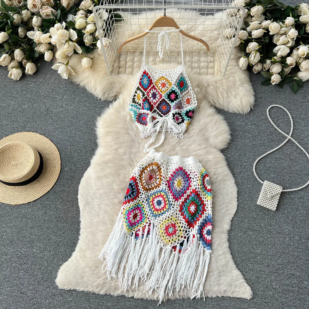 Omura Two Piece Crochet Blouse with Skirt Set