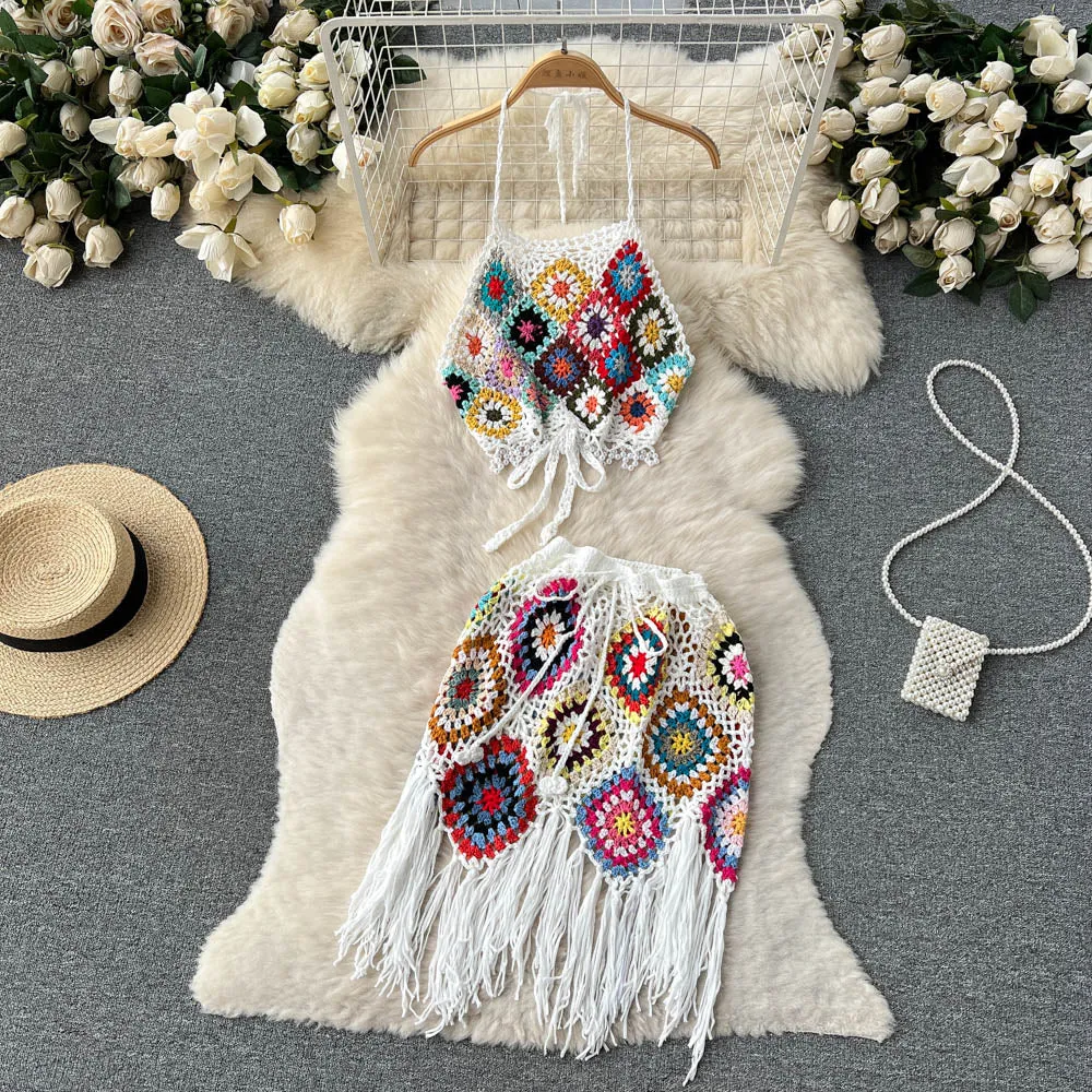 Omura Two Piece Crochet Blouse with Skirt Set