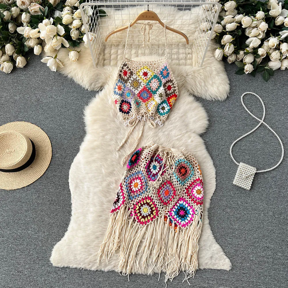 Omura Two Piece Crochet Blouse with Skirt Set